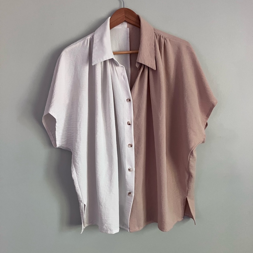 SHEIN White and Tan Color-block Dolman Short Sleeve Button Down Size L (L-XXL) - Picture 2 of 12
